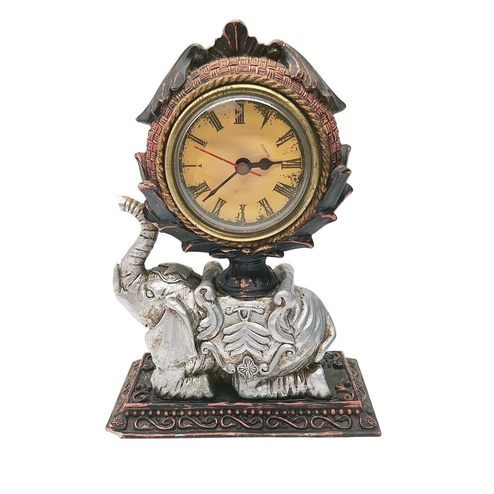 Vintage Style Elephant Desk Clock Silver Bronze Tone Roman Numeral Quartz Flaws